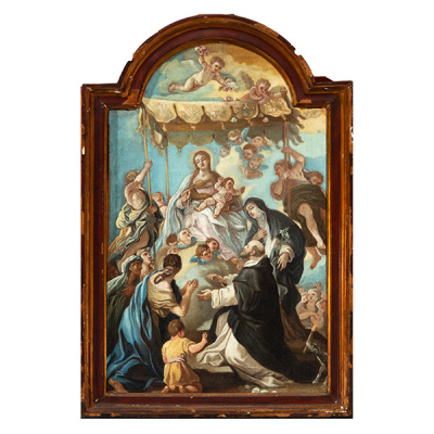Óleo sobre lienzo preparatorio para altar representando Virgen del Socorro, escuela Napolitana del siglo XVII