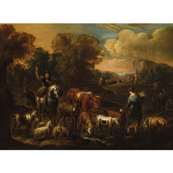 Escuela Europea S. XVII   "Dos escenas pastoriles". Dos óleos sobre lienzo.