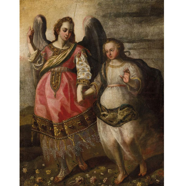 ESCUELA ESPAÑOLA S. XVII   "Virgen con arcángel". 