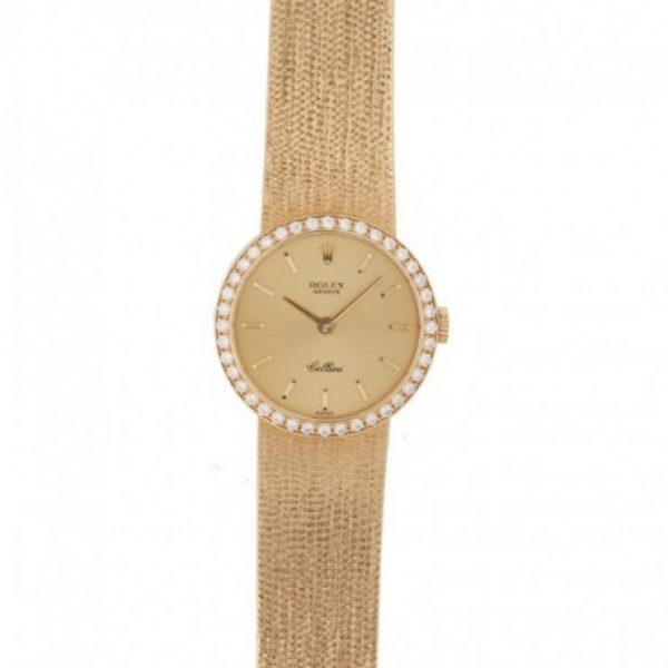 Reloj ROLEX "Cellini" de pulsera para señora. En oro y bisel con diamantes talla brillante