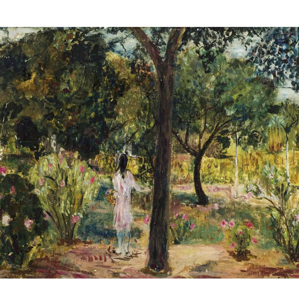 Carmen Laffón "Niña en un jardín, Sanlúcar de Barrameda (circa 1958 - 59)". Óleo sobre tabla.
