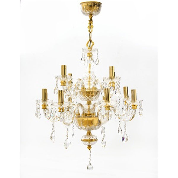 Lámpara de techo de 2 alturas y 12 brazos en metal y lágrimas de cristal tallado con decoración de flores. Estilo Luis XVI.
