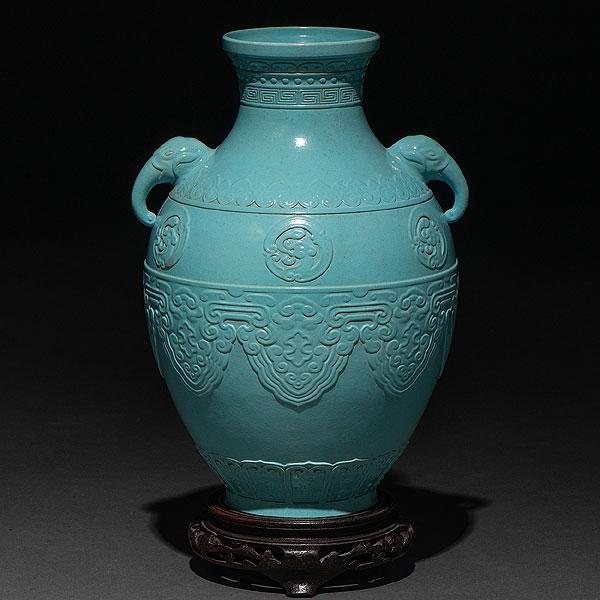 Jarrón en porcelana china color azul turquesa claro. Trabajo Chino, Siglo XIX-XX