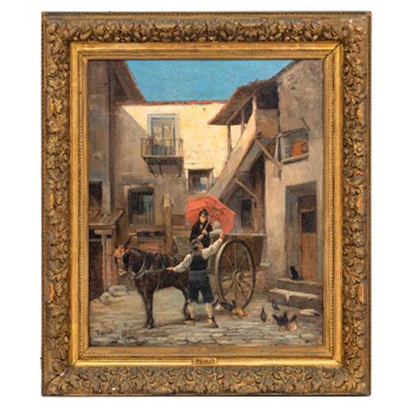 FRANCIS GARAT  (1853 -?) "Personajes con carro en la puerta de la posada"