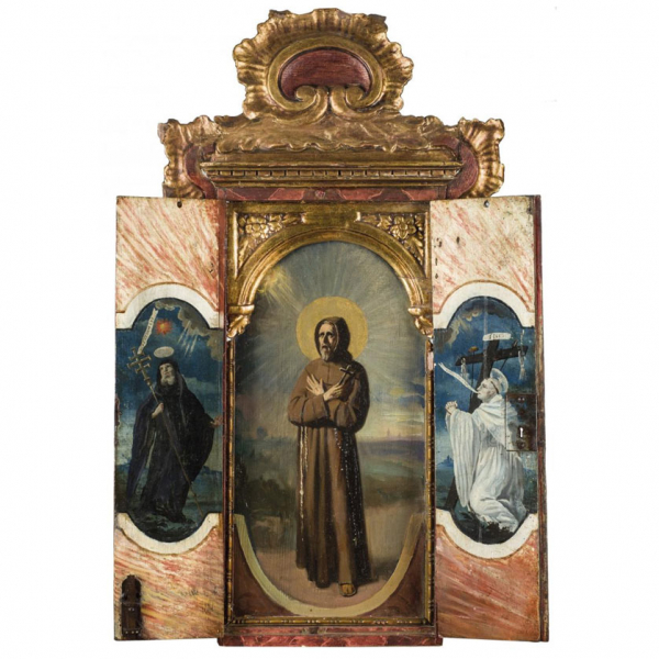 ESCUELA ESPAÑOLA S. XVII   "Tríptico con escenas religiosas". Óleo sobre tabla.
