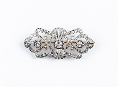 Elegante broche - alfiler Art-Decó de época cuajada de diamantitos