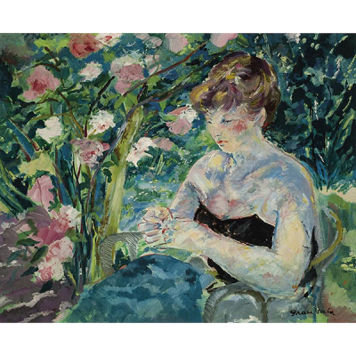 Emilio Grau Sala. Mujer cosiendo en el jardín