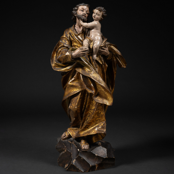"San Jose con el Niño" Escultura de bulto redondo en madera tallada y policromada. Trabajo Español, Siglo XVIII