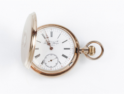 Excelente reloj cronómetro saboneta suizo, J. ULLMANN &amp;Co (Hong Kong-Shangai-Tientsin)), nº 40151 0, en caja original de oro rosa 14 K 
