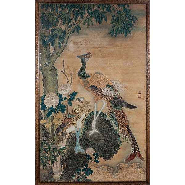 "Aves y flores" pintura sobre seda