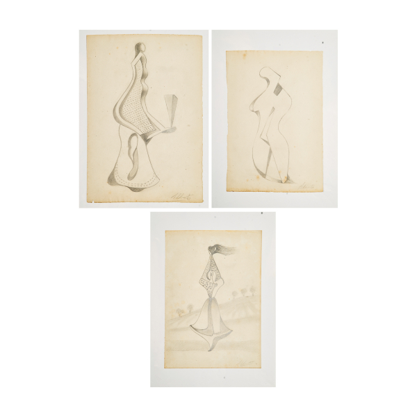 Alberto Sánchez Pérez (Toledo, 1895-Moscú, Rusia, 1962) Figuras oníricas. Lote de tres dibujos a lápiz grafito sobre papel. Firmados.