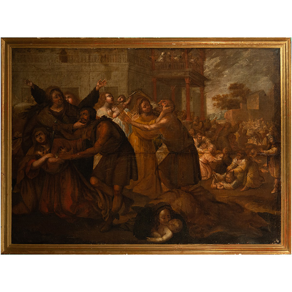 Gran representación de La Matanza de los Inocentes, Italia, escuela Boloñesa del siglo XVII. 