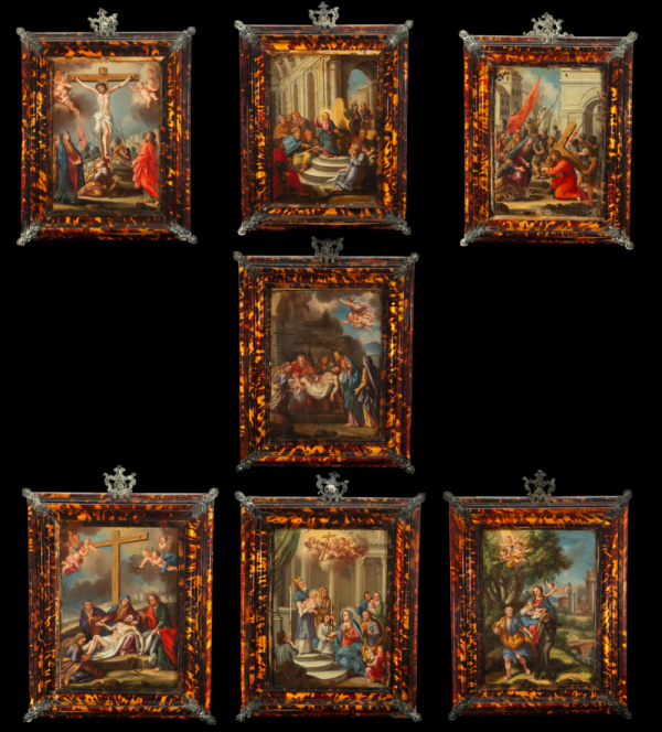 Excepcional lote de siete cobres italianos del siglo XVII con marcos de carey antiguos de la época, Nápoles finales del siglo XVII. 