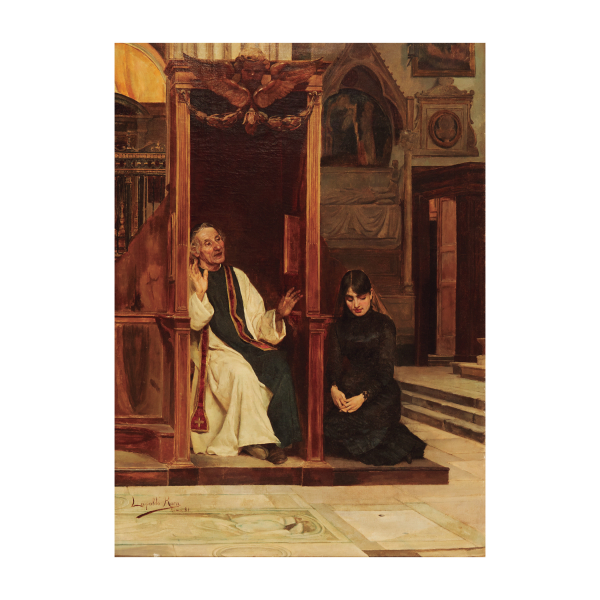 Leopoldo Roca Furnó (Barcelona, 1845-1934) La Confesión. Óleo sobre tela.