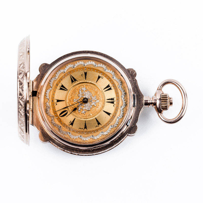 Excelente reloj saboneta, suizo, para el mercado turco, en sólida caja de oro rosa 14 K, de tres tapas