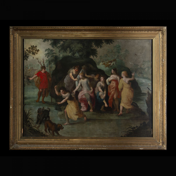 Gran óleo sobre lienzo representando "El Baño de Venus", escuela Ítalo - Flamenca de principios del siglo XVII.