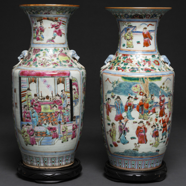 Pareja de jarrones chinos en porcelana familia rosa. Trabajo Chino, Siglo XIX