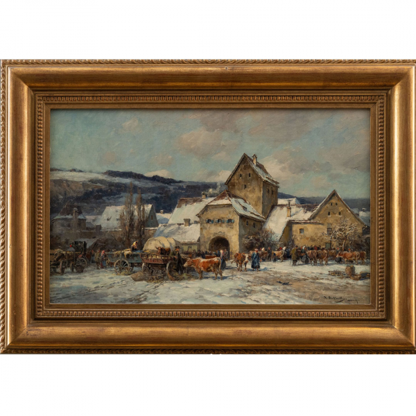 "Mercado de ganado en invierno" KARL STUHLMULLER (Alemania, 1859-1930