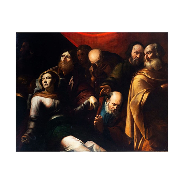 Atribuído a Gregorio Preti (Taverna, Italia 1603 - Roma, 1672), "LA MUERTE DE MARÍA", Nápoles , escuela Caravaggista Barroca italiana del siglo XVII.