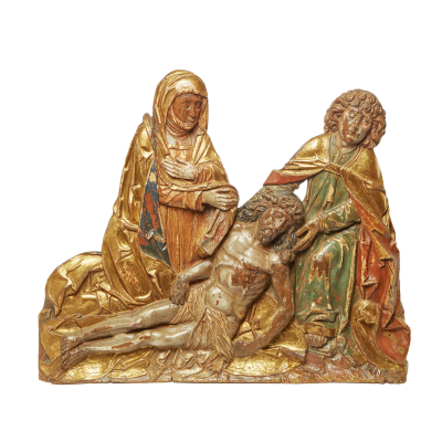 Escuela española, s.XVI. Descendimiento de Cristo. Escultura en madera tallada en relieve, policromada y parcialmente dorada.