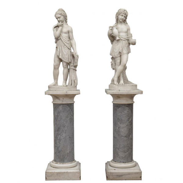 ESCUELA ITALIANA O FRANCESA S. XIX "Verano y Otoño". Pareja de grandes esculturas realizadas en mármol blanco tallado y pulido. 