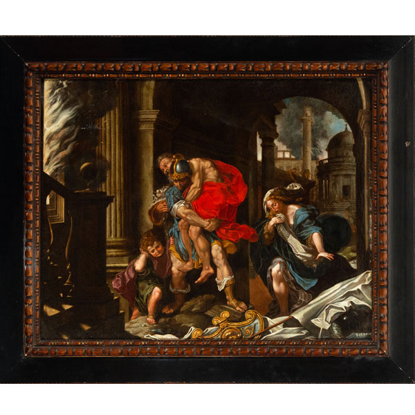 "El Incendio del Borgo", escuela Italiana del siglo XVII, gran óleo sobre lienzo.