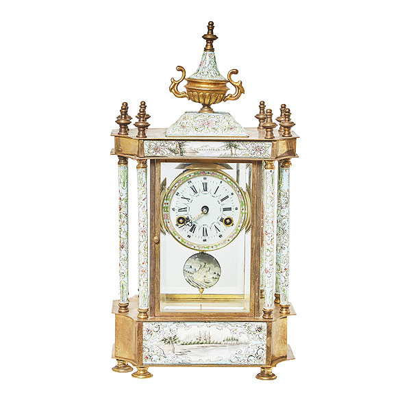 Reloj de sobremesa "de templete" en esmalte con decoraciones de paisajes en cartelas y cristales biselados, fles. del s.XIX