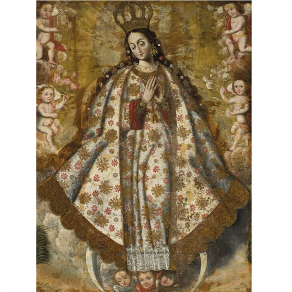 Escuela Virreinal - Perú S. XVIII.   "Virgen coronada". Óleo sobre lienzo.