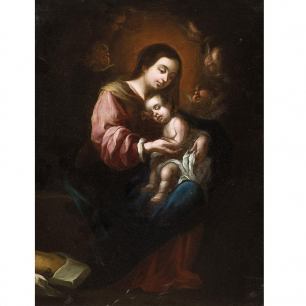 ESCUELA SEVILLANA SS. XVII-XVIII   "Virgen con Niño". Óleo sobre lienzo.