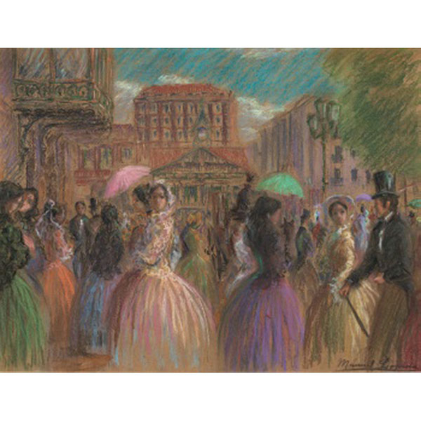 MANUEL LOSADA  (Bilbao 1865 - 1949) "Caballeros y damas con mantilla y sombrilla paseando"