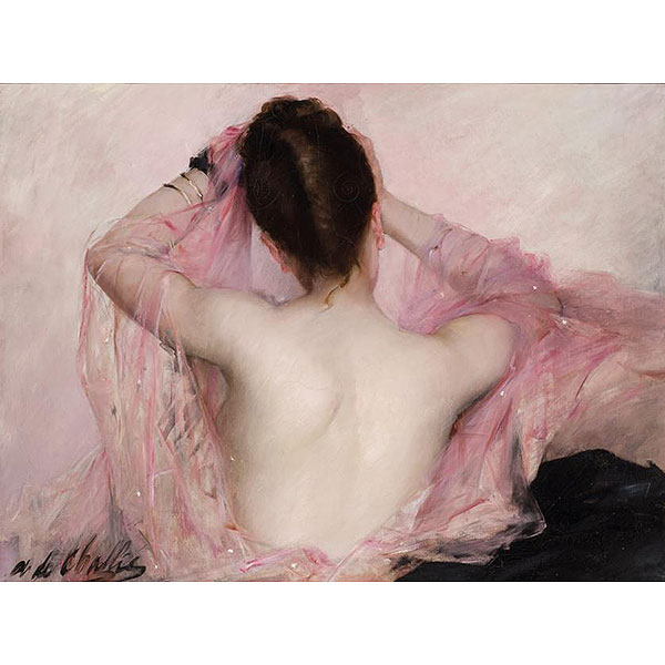 Alphonsine de Challié. "Jeune femme brune à sa toilette au voile rose. Circa 1900". Óleo sobre lienzo. Firmado