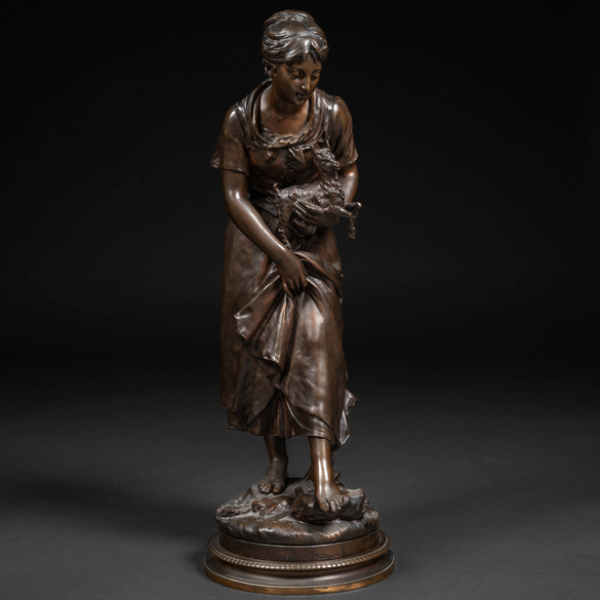 &quot;Campesina con corderito&quot; Escultura en bronce del siglo XIX.  JEAN LOUIS GREGOIRE (París, 1840-1890) 