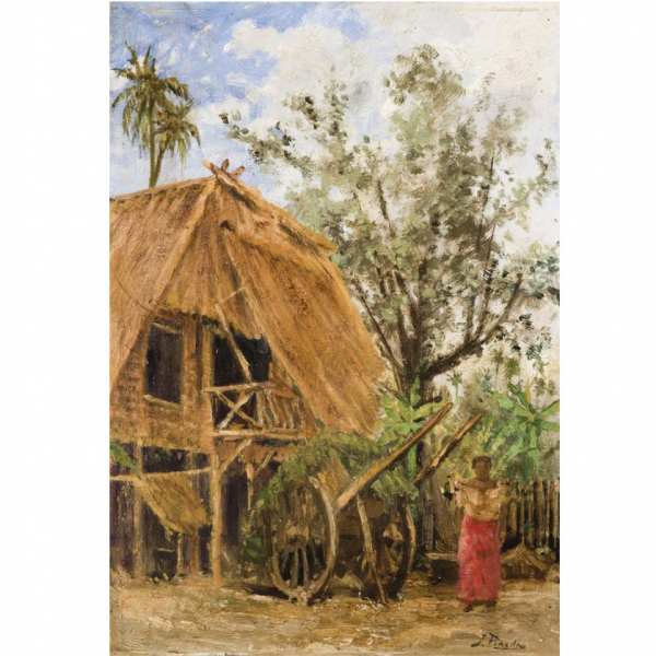 Jorge Pineda  (1879 - 1946).   "Escena campestre filipina". Óleo sobre tabla.