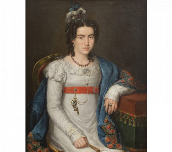 CARLOS BLANCO EL SERENO (Cádiz, 1780-?, 1846)  Retrato de dama con tocado de plumas 