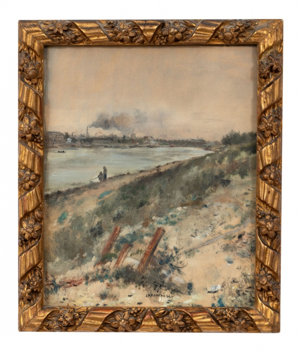 JEAN  FRANCOIS RAFFAELLI  (París, 1850 - 1924) "Vista de pescadores en la ría y fábrica al fondo"