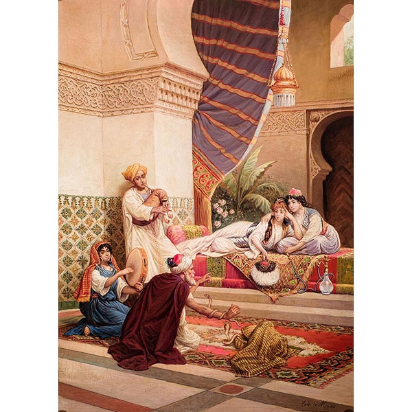 CALA Y MOYA, JOSÉ (1850)   "El encantador de serpientes y las bailarinas ante el sultán"