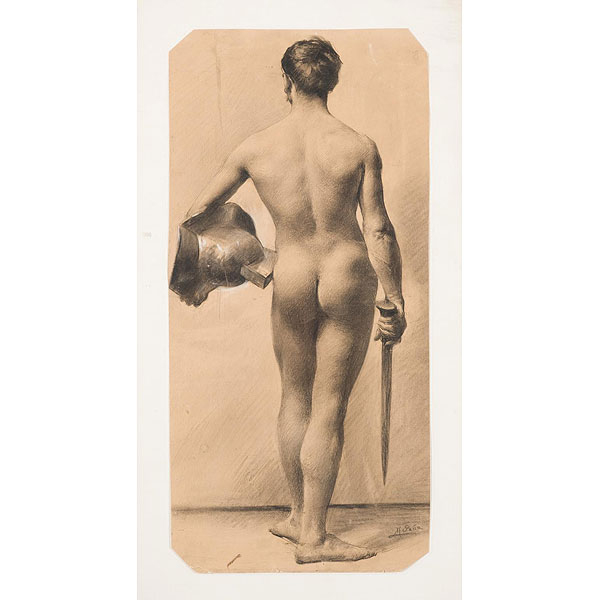 Maximino Peña.  &quot;Desnudo masculino de espaldas&quot;. Dibujo