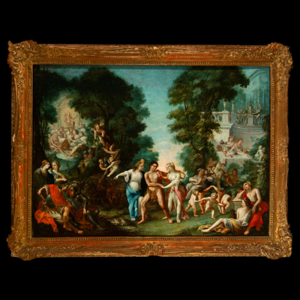 Escena Mitológica del siglo XVII, escuela Barroca italiana o portuguesa.    Óleo sobre lienzo