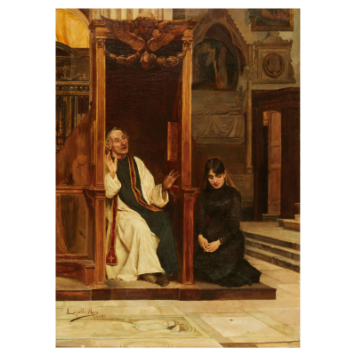 Leopoldo Roca Furnó (Barcelona, 1845-1934)  La Confesión.  Óleo sobre tela. 