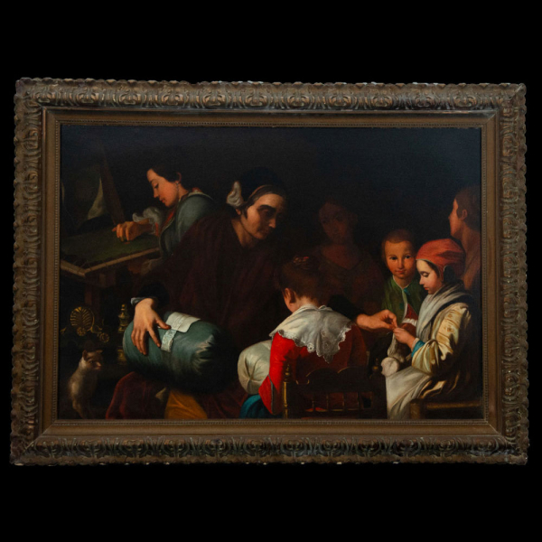 El Taller de Costura, siglo XIX.  Óleo sobre lienzo de medidas 155 x 110 cm, medidas enmarcado: 180 x 135 cm. 