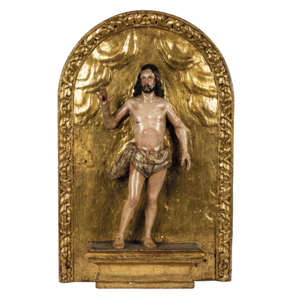 ESCUELA ESPAÑOLA FINES S. XVI "Cristo resucitado". Talla en madera policromada y dorada.