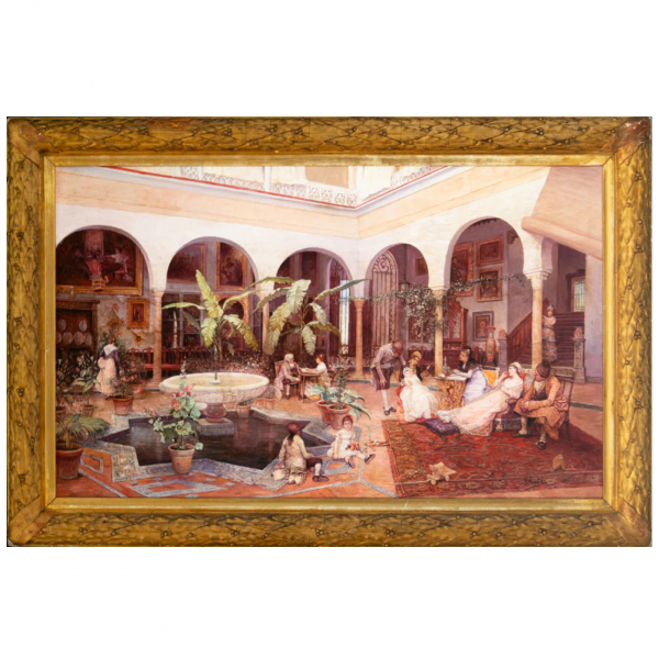 J.Aranda, firmado, Interior de patio con personajes, escuela sevillana, siglo XIX.