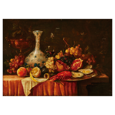 Escuela flamenca, s.XVII. Bodegón con jarrón, langosta, ostras y fruta. Óleo sobre tabla.