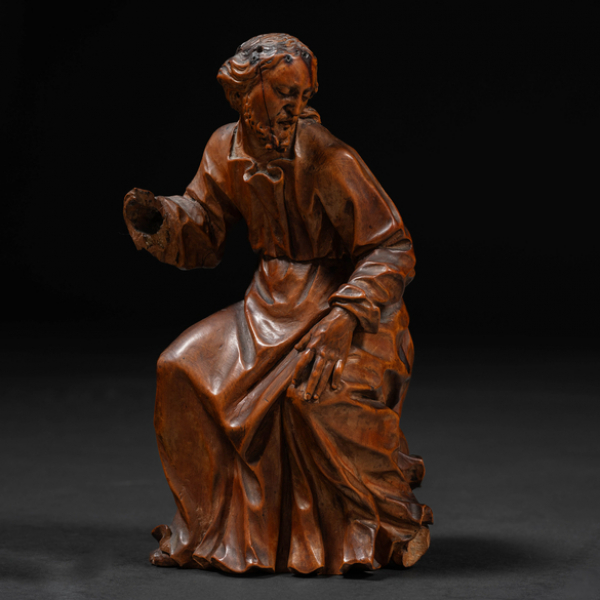 "San José" Escultura de bulto redondo en madera de boj tallada. Trabajo Alemán del siglo XVII