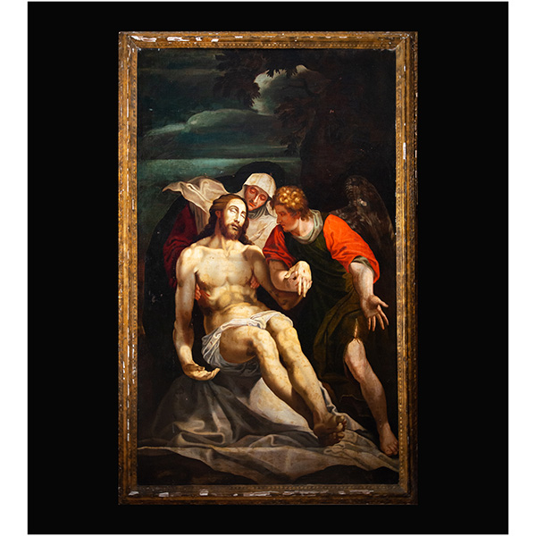 Gran óleo sobre lienzo del Descendimiento de Cristo, escuela italiana del siglo XVII.