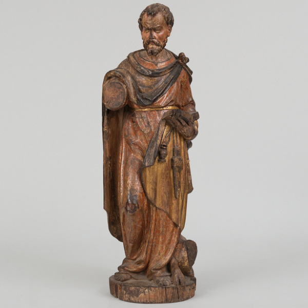 "San Lucas" Escultura de bulto redondo en madera tallada y policromada. Trabajo Español, Siglo XVII. 
