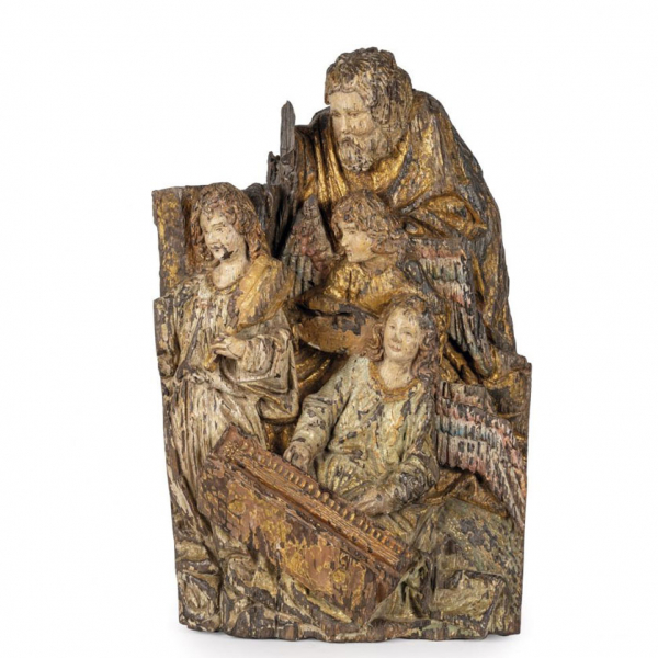 ESCUELA FLAMENCA S. XVI "Ángeles músicos". Medio relieve en madera tallada, policromada y dorada. 
