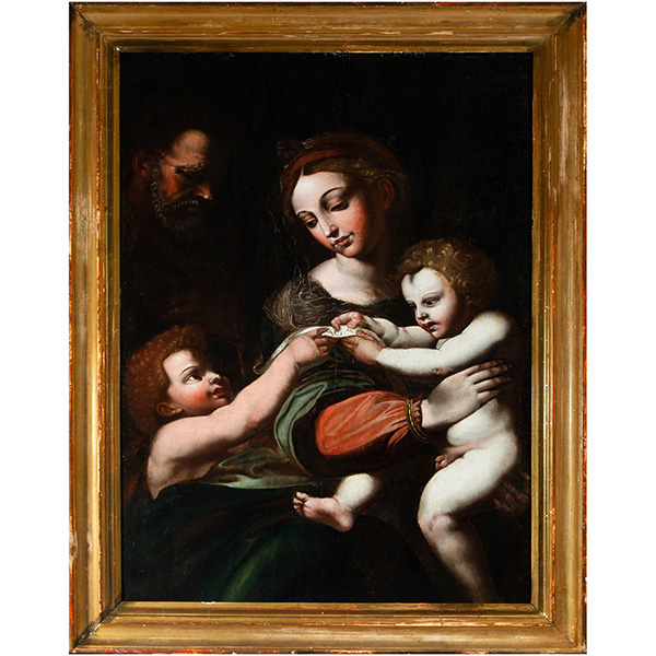 Discípulo o Seguidor de Rafael Sanzio, Madonna con Niño Jesús y San Juanito Sobre tabla, escuela italiana del siglo XVII.