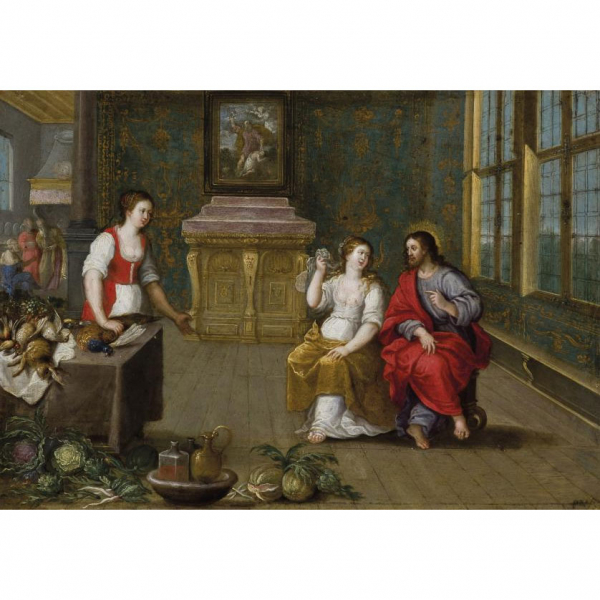  Jan Brueghel II y Peeter van Avont.   "Jesús en casa de Marta y María". Óleo sobre cobre. 