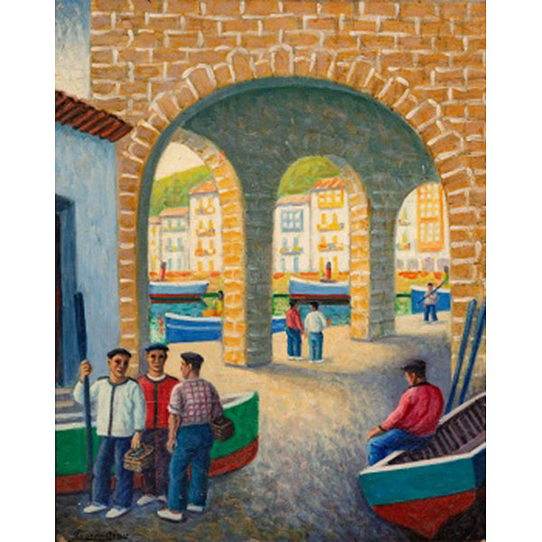 RICARDO ARRÚE Y VALLE  (Bilbao 1890 - Caracas 1978) "Puerto vasco con personajes"
